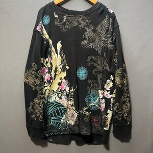 Ruthless Art Mens Black Waffle Knit Thermal Graphic Rhinestone Shirt XL 23x30